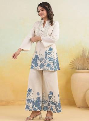 Floral embroidered white round neck cotton co-ord set 3