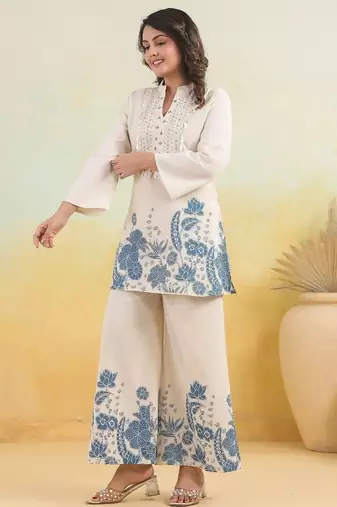 Floral embroidered white round neck cotton co-ord set