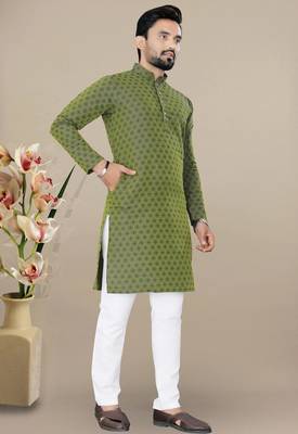 Green jacquard straight men's kurta pyjama 3