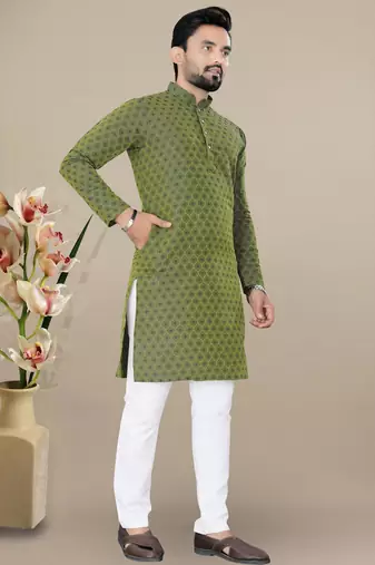 Green jacquard straight men's kurta pyjama