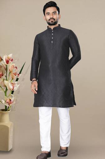 Black jacquard straight men's kurta pyjama