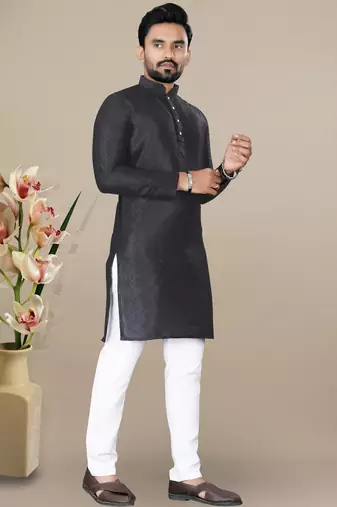 Black jacquard straight men's kurta pyjama