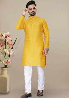 Yellow jacquard straight men's kurta pyjama 1