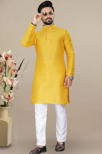 Yellow jacquard straight men's kurta pyjama