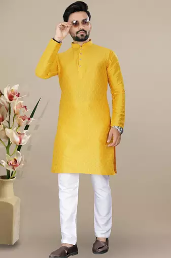 Yellow jacquard straight men's kurta pyjama