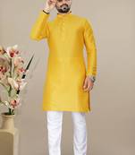 Yellow jacquard straight men's kurta pyjama