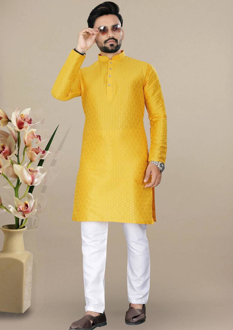Yellow jacquard straight men's kurta pyjama