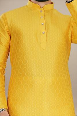 Yellow jacquard straight men's kurta pyjama 2