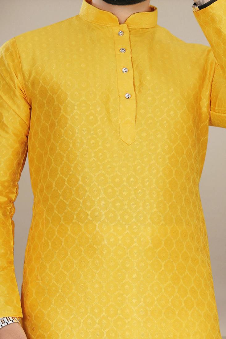 Yellow jacquard straight men's kurta pyjama