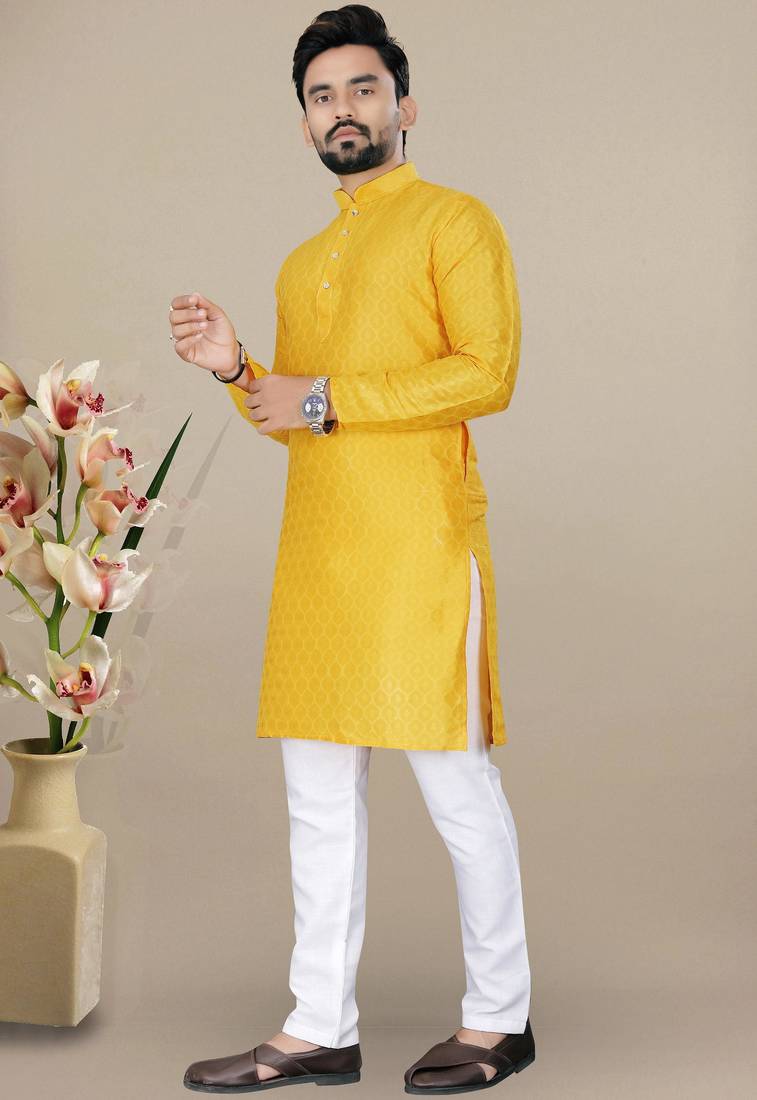 Yellow jacquard straight men's kurta pyjama