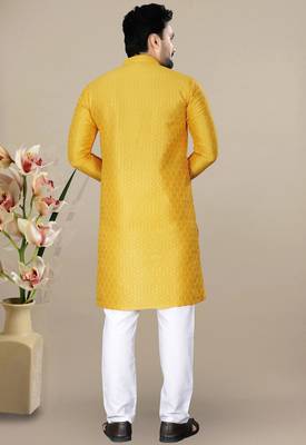 Yellow jacquard straight men's kurta pyjama 4