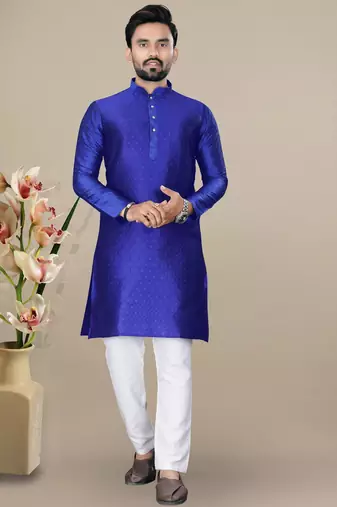 Royal blue jacquard straight men's kurta pyjama