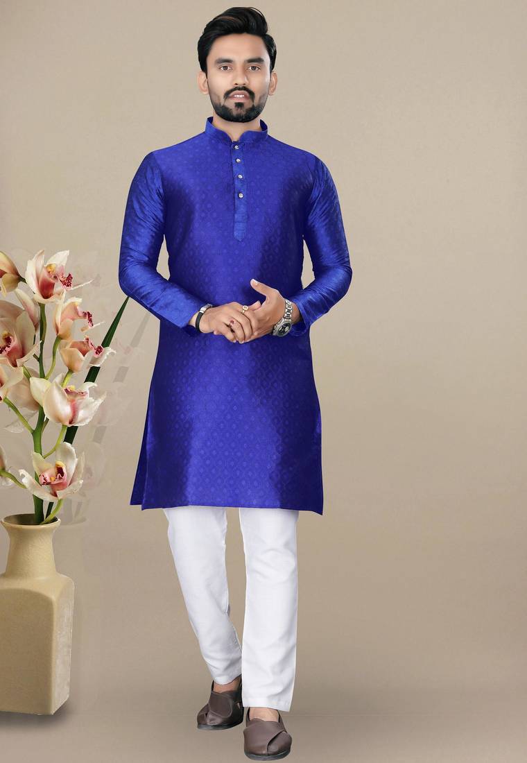 Royal blue jacquard straight men's kurta pyjama
