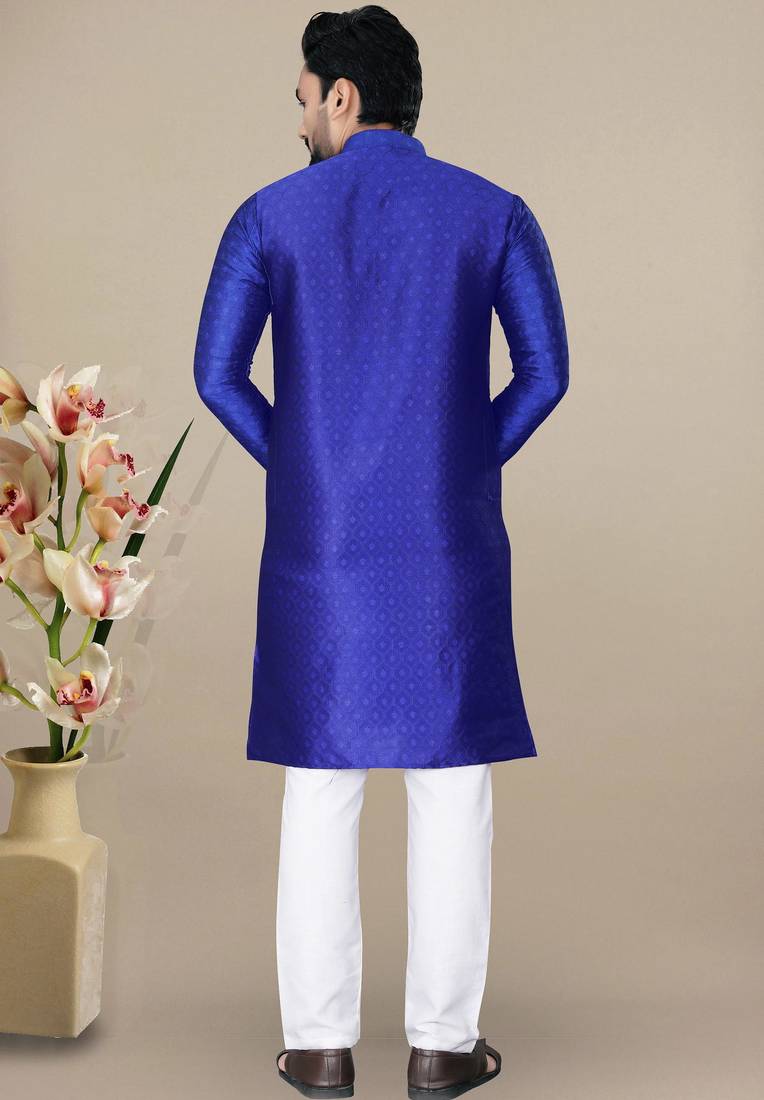 Royal blue jacquard straight men's kurta pyjama