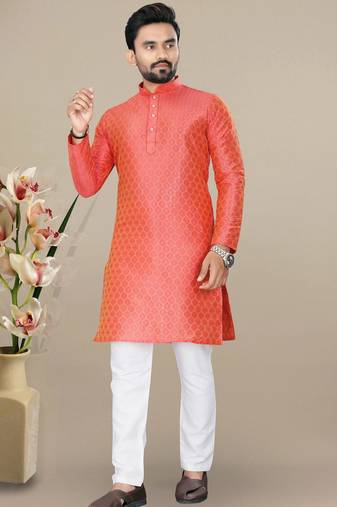 Orange jacquard straight men's kurta pyjama
