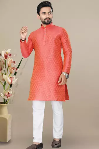 Orange jacquard straight men's kurta pyjama