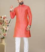 Orange jacquard straight men's kurta pyjama