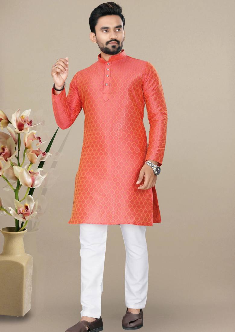 Orange jacquard straight men's kurta pyjama