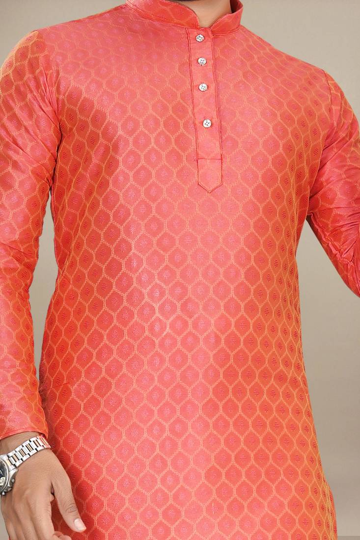 Orange jacquard straight men's kurta pyjama