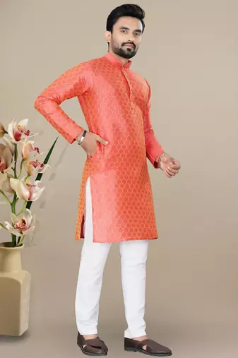 Orange jacquard straight men's kurta pyjama