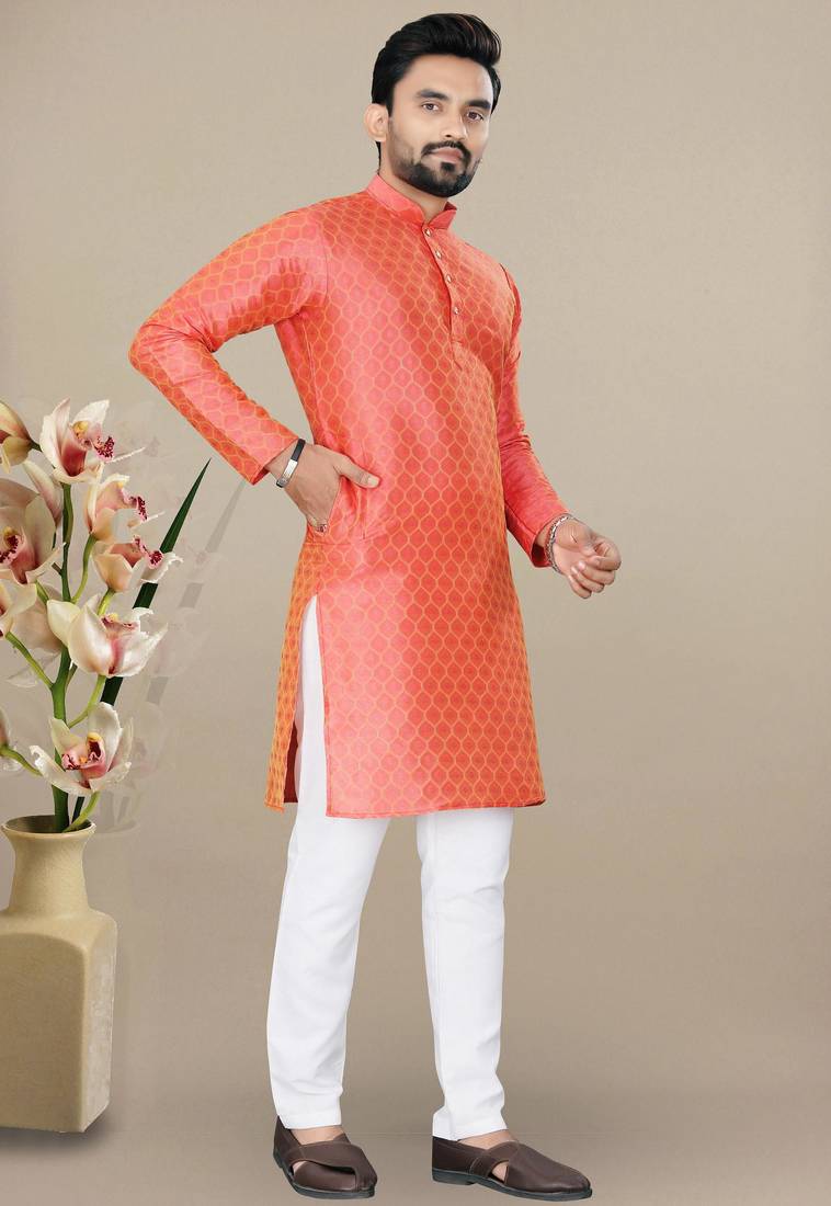 Orange jacquard straight men's kurta pyjama