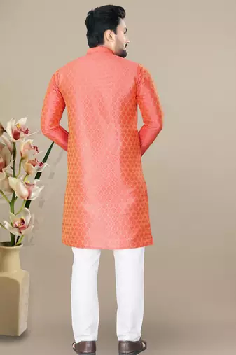 Orange jacquard straight men's kurta pyjama