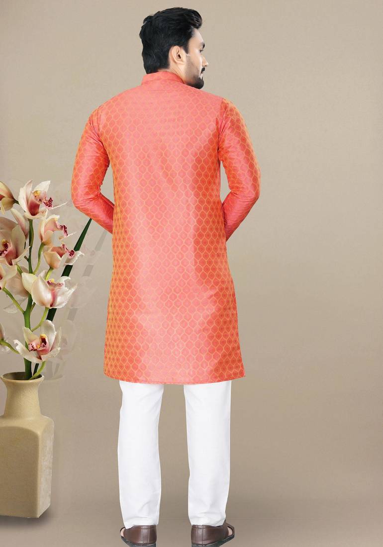 Orange jacquard straight men's kurta pyjama