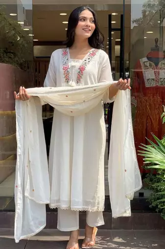 Floral embroidered white v neck pure cotton kurta with trouser & dupatta set