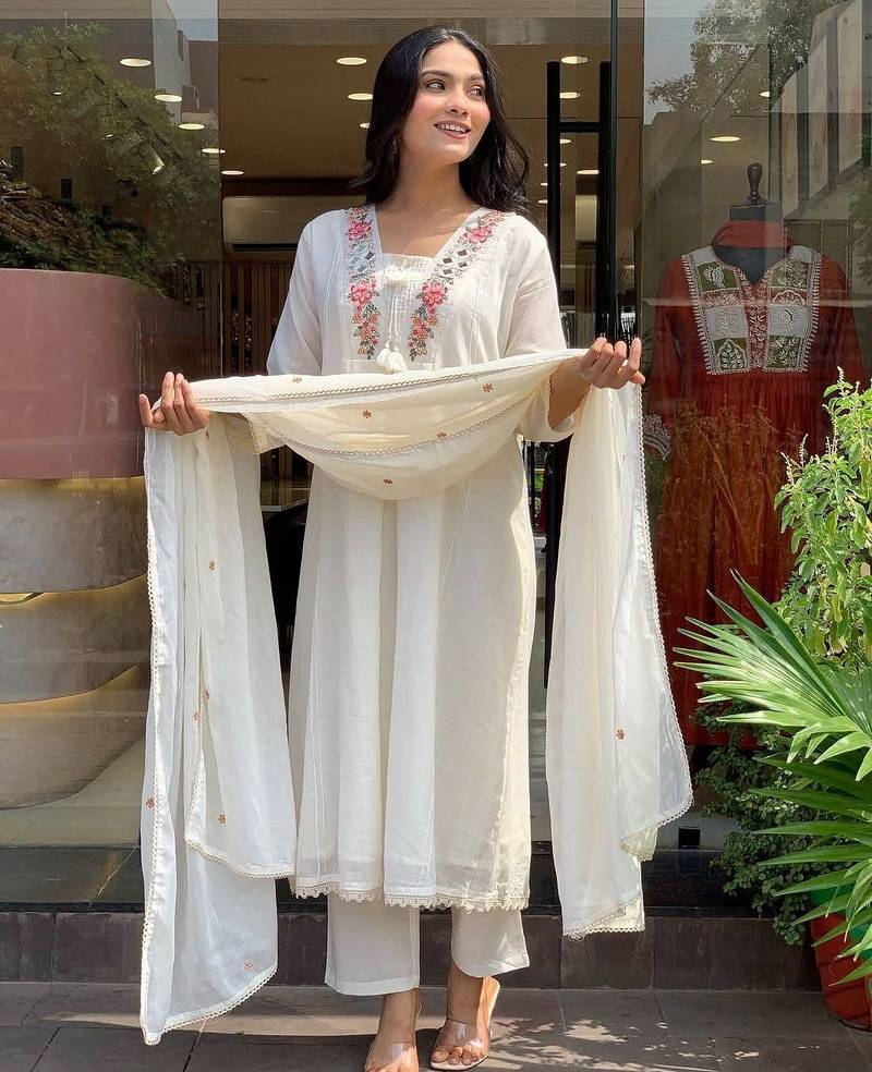 Floral embroidered white v neck pure cotton kurta with trouser & dupatta set
