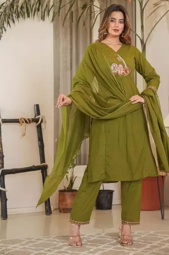 Floral embroidered green v neck pure cotton kurta with trouser & dupatta set