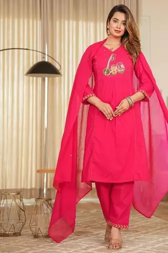 Floral embroidered pink v neck pure cotton kurta with trouser & dupatta set