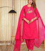 Floral embroidered pink v neck pure cotton kurta with trouser & dupatta set