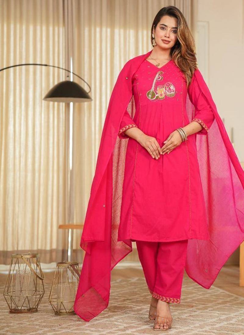 Floral embroidered pink v neck pure cotton kurta with trouser & dupatta set