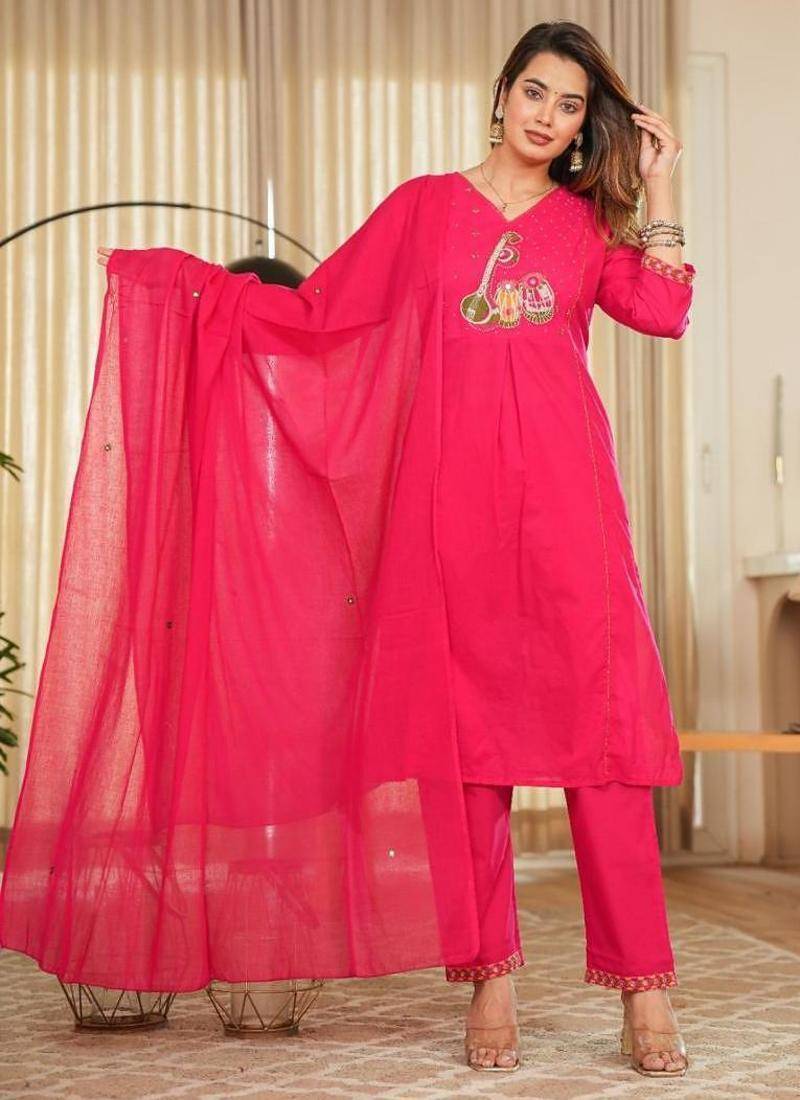 Floral embroidered pink v neck pure cotton kurta with trouser & dupatta set
