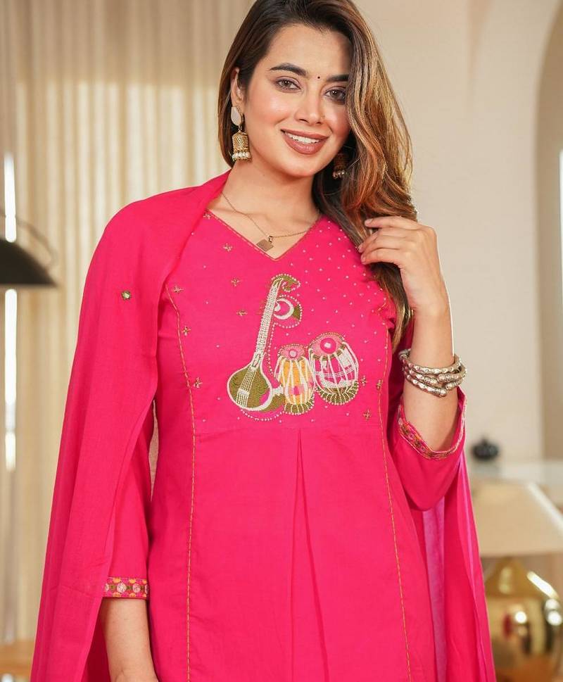 Floral embroidered pink v neck pure cotton kurta with trouser & dupatta set