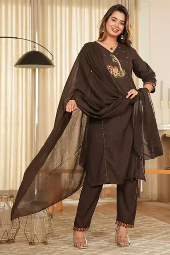 Floral embroidered brown v neck pure cotton kurta with trouser & dupatta set