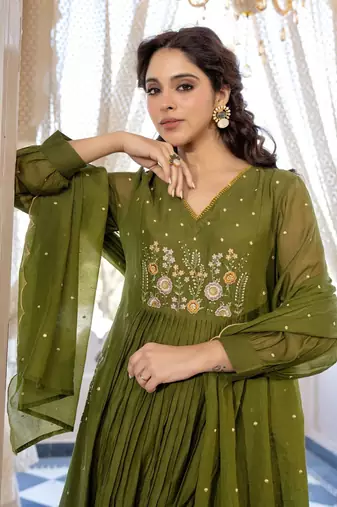 Floral embroidered green v neck  cotton kurta with trouser & dupatta set