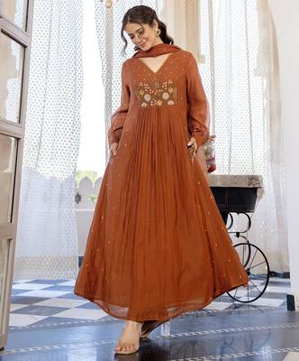 Floral embroidered brown v neck  cotton kurta with trouser & dupatta set 1