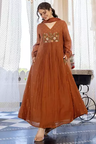 Floral embroidered brown v neck pure cotton kurta with trouser & dupatta set