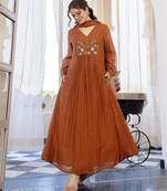 Floral embroidered brown v neck pure cotton kurta with trouser & dupatta set