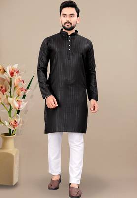 Black cotton lining work straight men's kurta pyjama 1