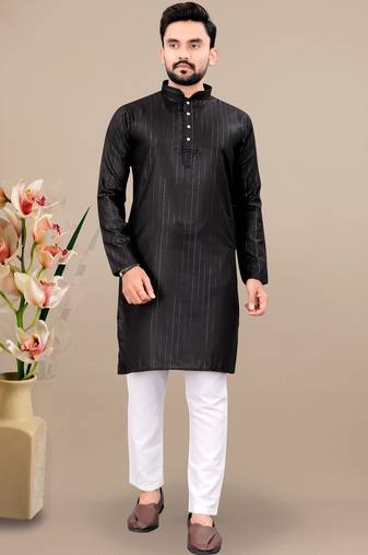 Black cotton lining work straight men's kurta pyjama