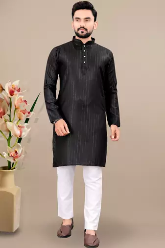Black cotton lining work straight men's kurta pyjama