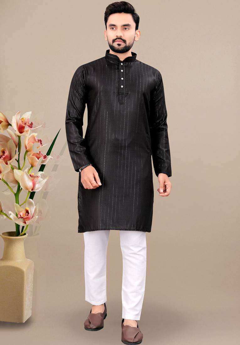 Black cotton lining work straight men's kurta pyjama