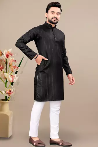Black cotton lining work straight men's kurta pyjama