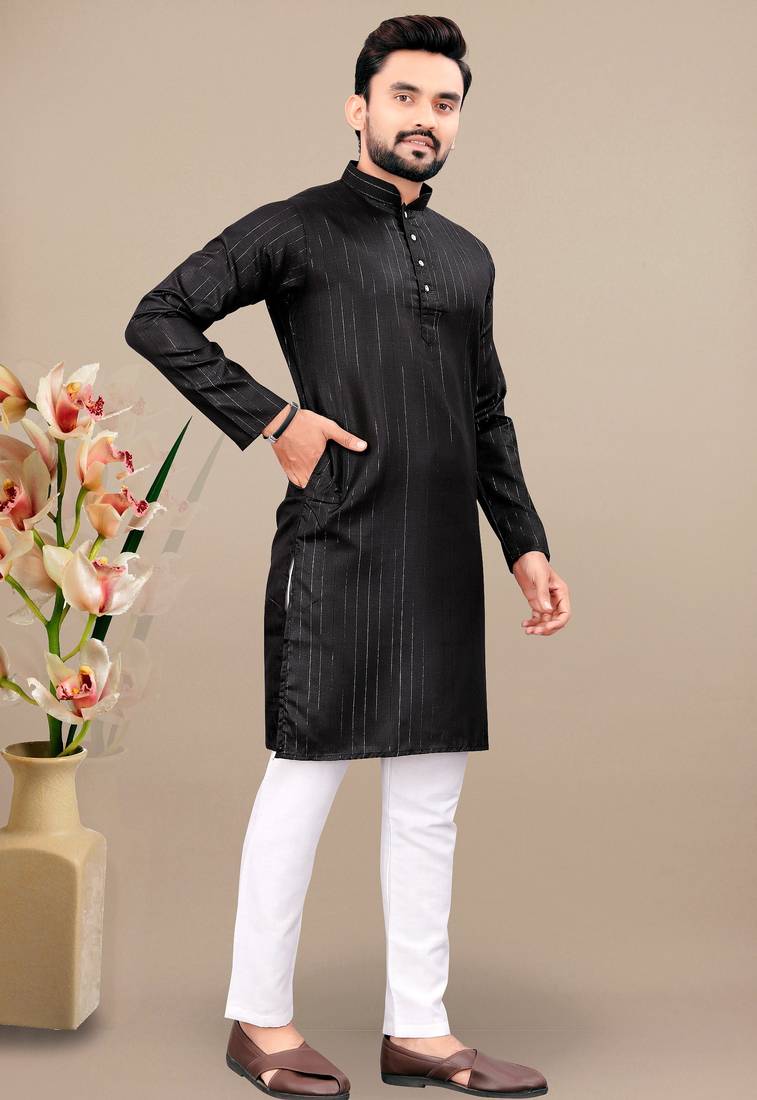 Black cotton lining work straight men's kurta pyjama