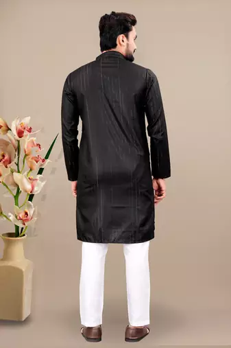 Black cotton lining work straight men's kurta pyjama
