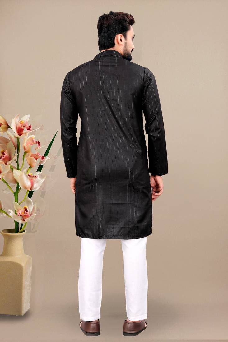 Black cotton lining work straight men's kurta pyjama