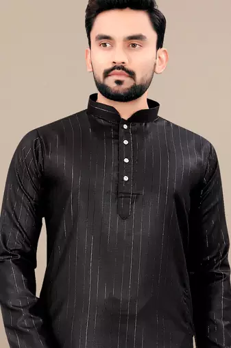 Black cotton lining work straight men's kurta pyjama