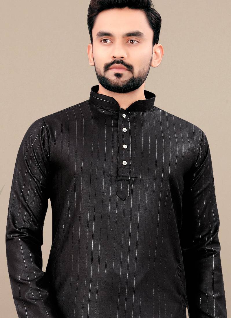 Black cotton lining work straight men's kurta pyjama